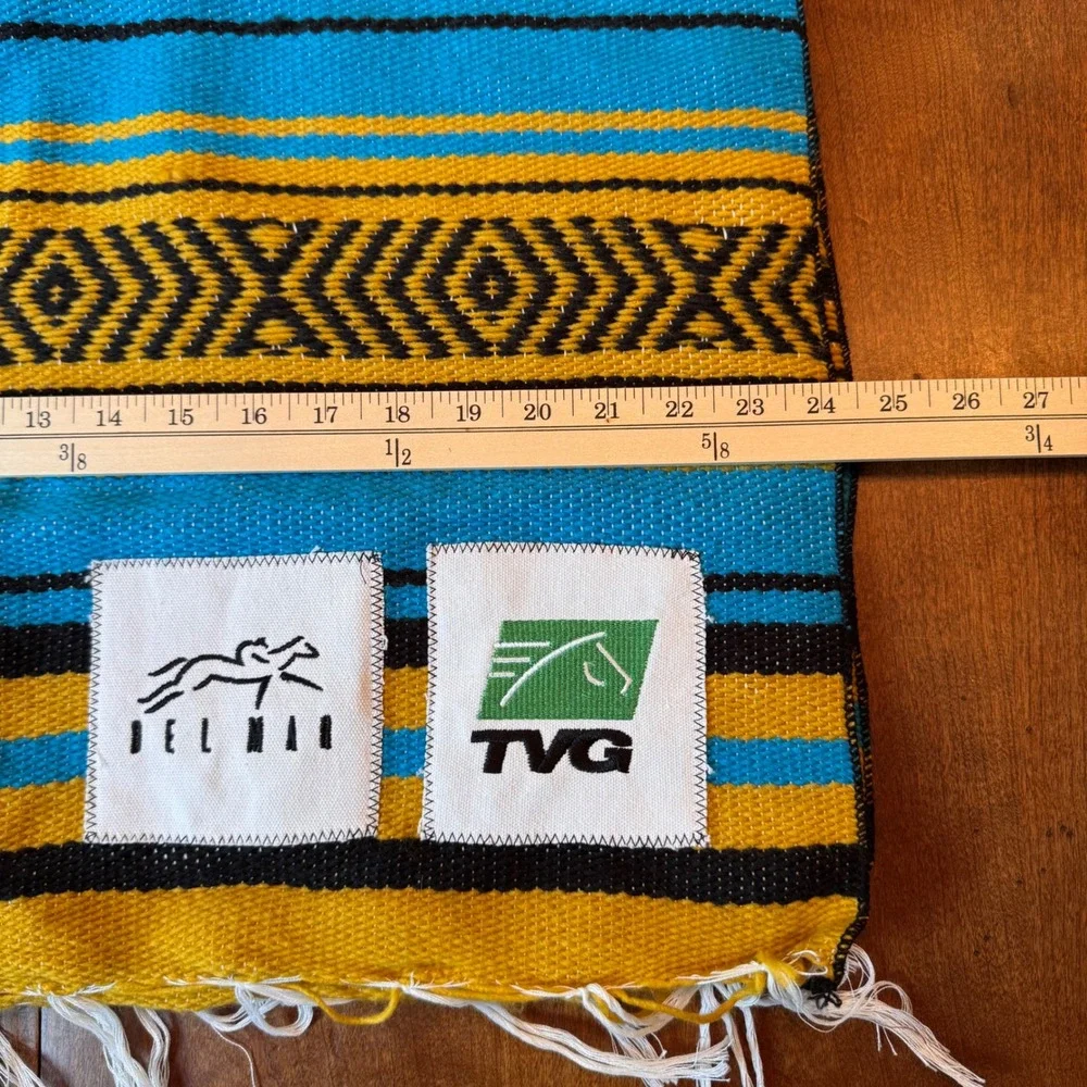 Del Mar TVG‎ Serape Blanket Turquoise Yellow Horse Racing Woven Fringe Baja